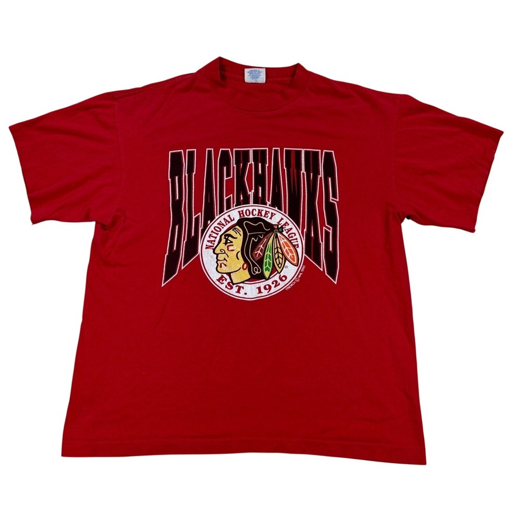 90s Chicago Blackhawks T-Shirt Men's XL Red Single Stitch NHL‎ Hockey USA Made